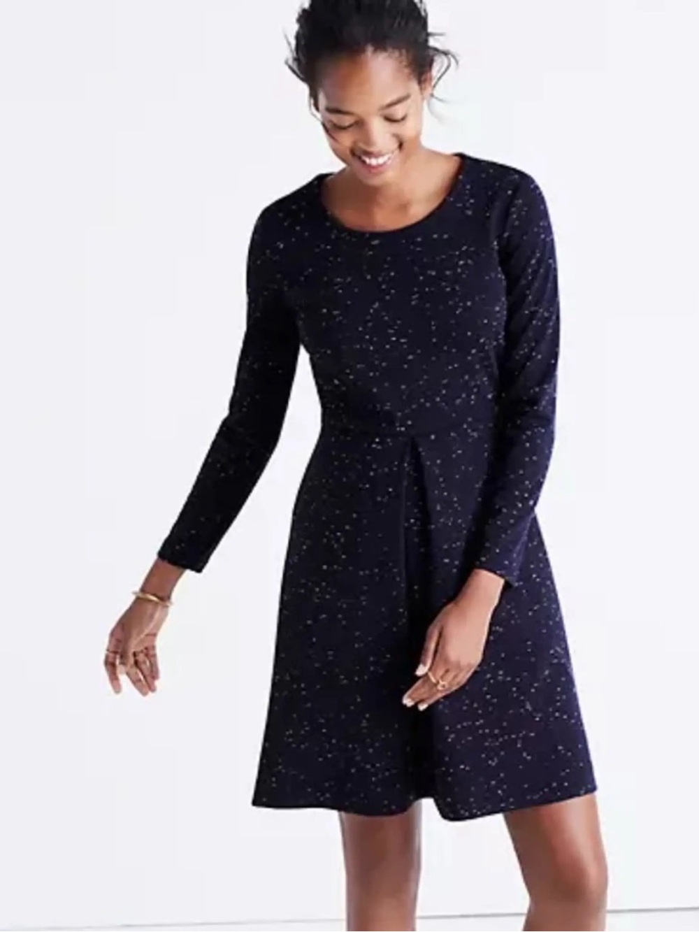 Madewell Black Speckled Long Sleeve Fit-and-Flare Dress